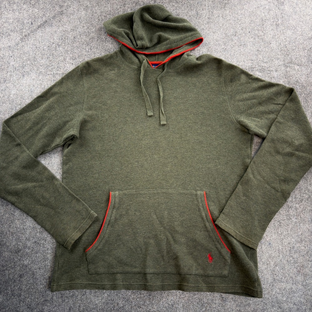 Polo Ralph Lauren Mens Small Waffle Knit Sleepwear Hoodie Olive Green Orange